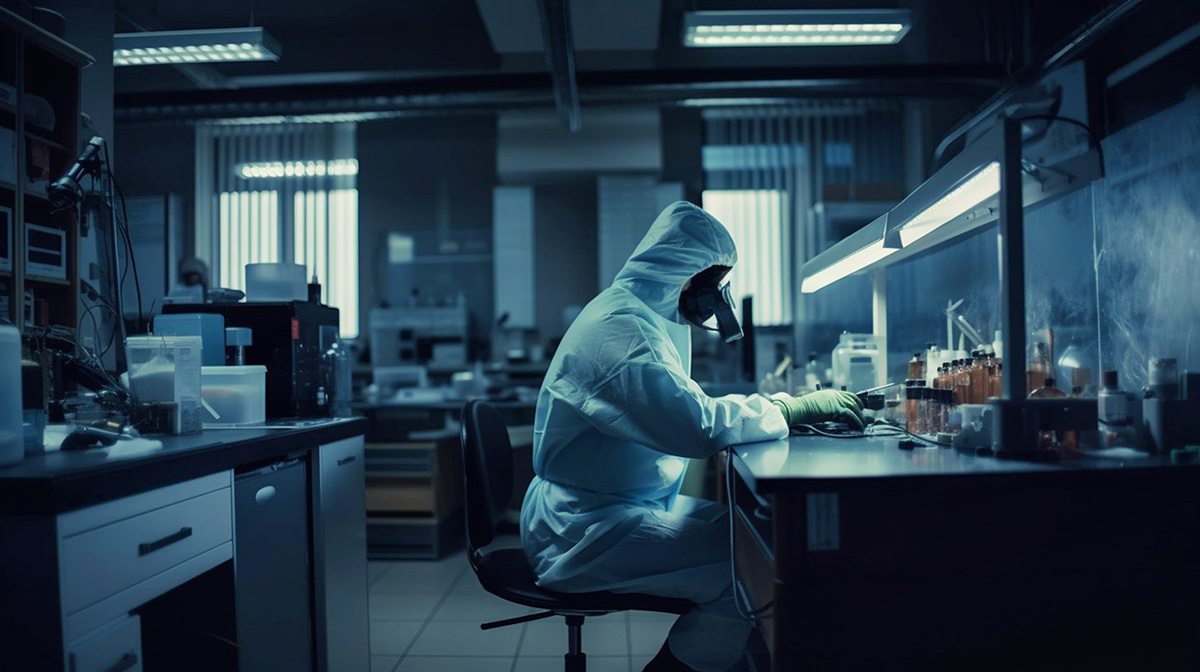 Doctor is engaged in dispersal of viruses. Medic in chemical pro